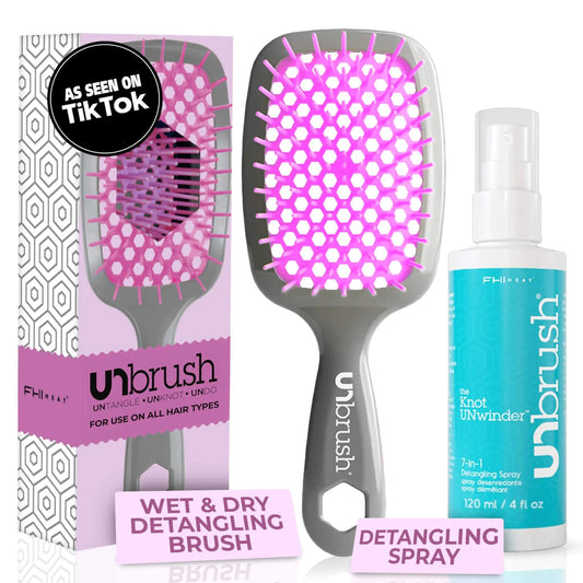 FHI HEAT UNbrush Wet & Dry Vented Detangling Hair Brush and UNwinder Detangling Spray Haircare Heatless Set Orchid